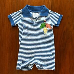 Little English Striped Polo Romper Fish Appliqué, Blue & White size 12 months